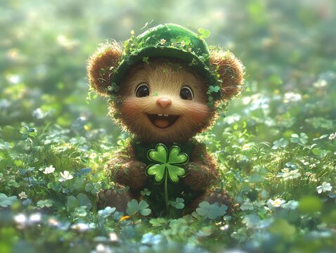 St. Patrick's Day. Cartoon cute moouse in green hat leprechaun