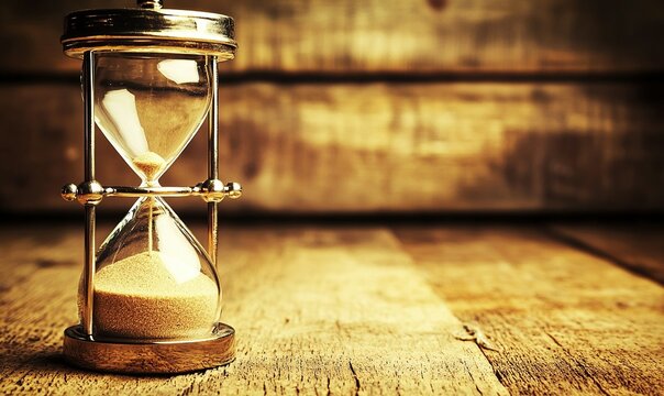 Hourglass on rustic wood table, time passing, vintage background, ideal for time management concepts