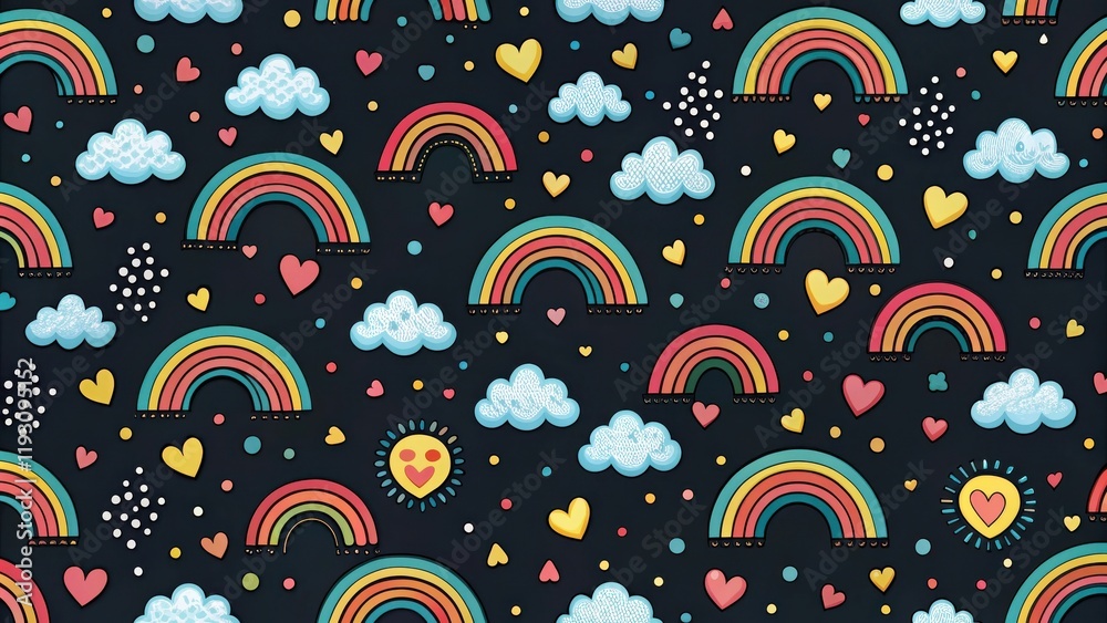 Poster Joyful Rainbow Pattern with Hearts and Clouds on Dark Background
