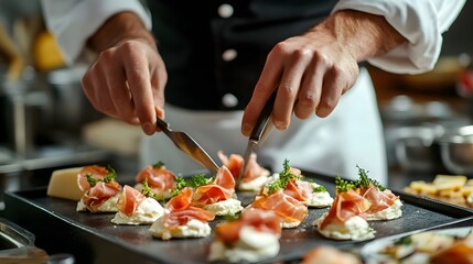 Chef Preparing Elegant Prosciutto And Cheese Appetizers