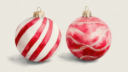Festive red and white striped watercolor Christmas balls on a solid grey background