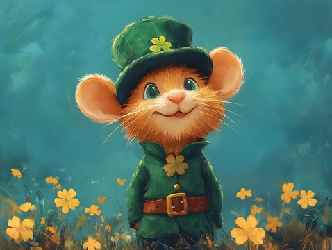 St. Patrick's Day. Cartoon cute moouse in green hat leprechaun