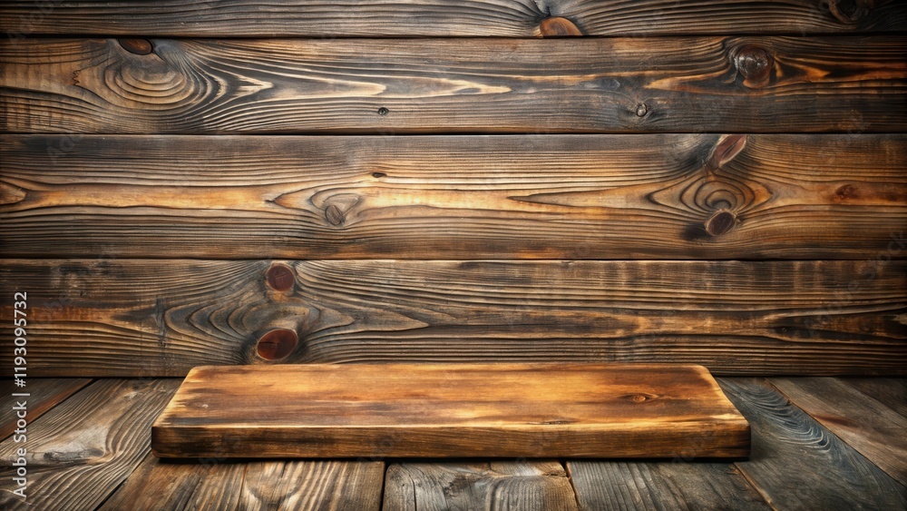 Poster rustic wooden background with aged wood planks and a weathered display shelf