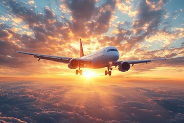 Fototapeta premium Airplane Flying Through Dramatic Cloudy Sky at Sunset with Vibrant Colors and Warm Hues Over the Horizon in a Stunning Natural Scene