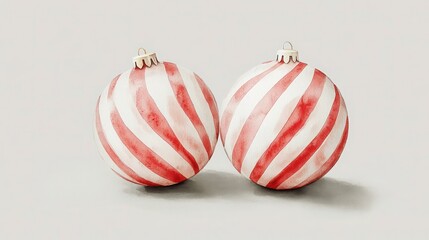 Festive red and white striped watercolor Christmas balls on a solid grey background