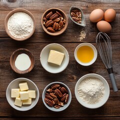 Baking Pecan Pie Ingredients Arranged on Wood