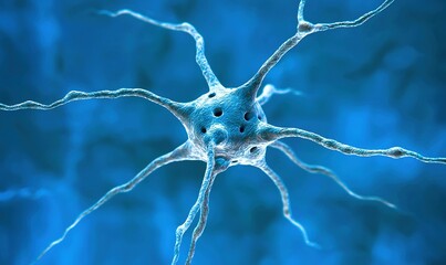 Neuron cell structure on blue background, medical research illustration