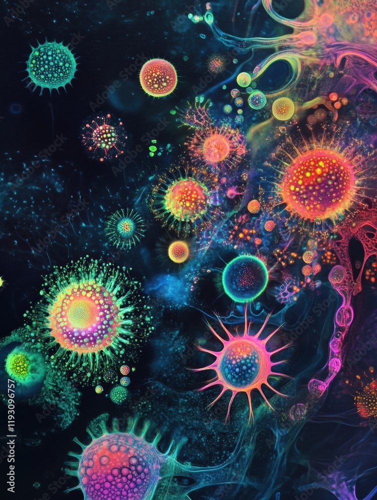 Poster magnified colorful viruses showcasing intricate details in a scientific exploration during a vibrant