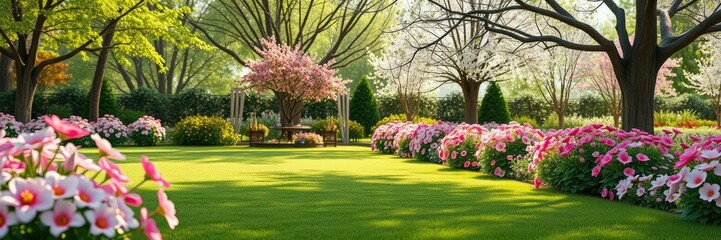 A beautiful and serene garden scene of a lawn with blooming flowers and trees , flower arrangement, garden scene, serene atmosphere