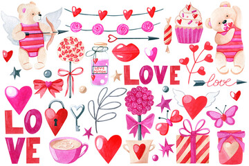 St. Valentine's day watercolor clipart bundle with teddy bear, gift box, candies, hearts, cupid, floral elements, lettering isolated on white background. Decorative hearts, love, lips, bows, garland