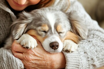 A veterinarian kneeling down to comfort a nervous dog, with gentle body language and a calm expression