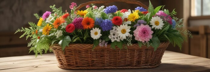 A beautiful bouquet of mixed flowers and greenery in a wicker basket on a wooden table , arrangement, basket, greenery