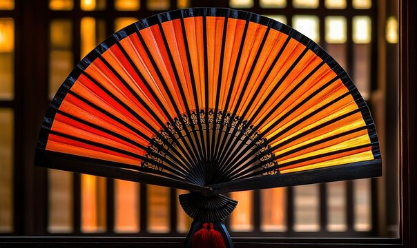 Orange fan against traditional window, cultural display