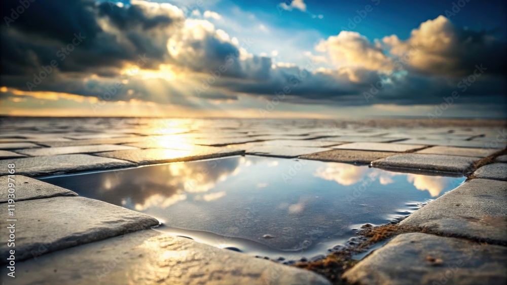 Aufkleber sunset reflection in a puddles on cobblestone pavement