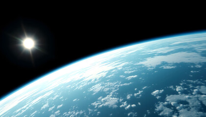 wide shot of the earth from space, blue horizon, black sky, bright sun in upper left corner, cinematic, realistic, with white tones