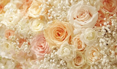 Fototapeta premium Pastel roses and baby's breath floral arrangement for wedding or event backdrop