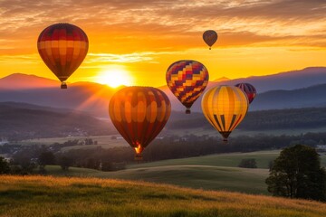 Naklejka premium A vibrant hot air balloon ride over a scenic valley, with colorful balloons filling the sky during golden hour