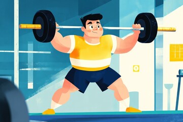  an illustration of a guy in a gym lifting weights