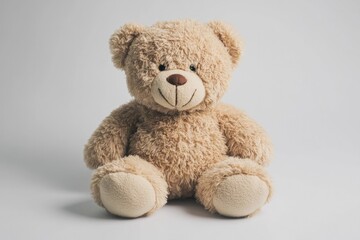 Obraz premium Soft plush teddy bear sits against neutral background, exuding w