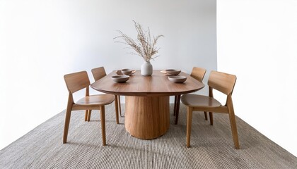 A minimalist dining room with a wooden oval table, four matching chairs, a light gray rug, and simple table decor