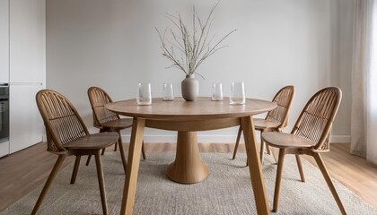 A minimalist dining room with a wooden oval table, four matching chairs, a light gray rug, and simple table decor