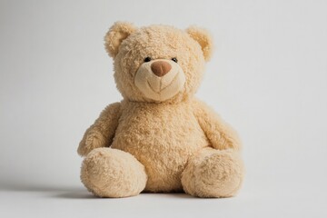 Soft teddy bear with friendly expression sits against neutral ba