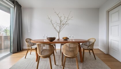 A minimalist dining room with a wooden oval table, four matching chairs, a light gray rug, and simple table decor