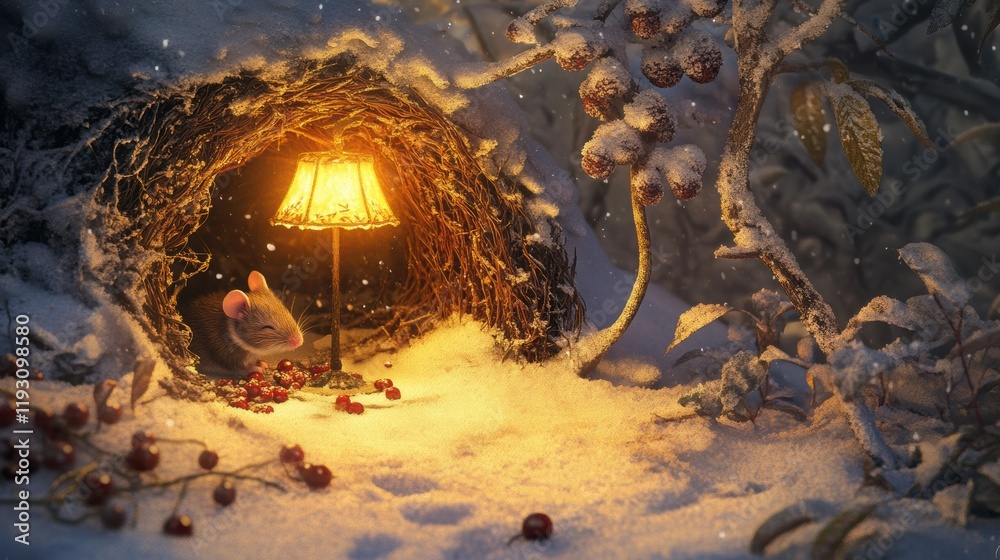 Aufkleber cozy mouse nest illuminated by a warm lamp surrounded by winter snow and berries in a serene woodlan