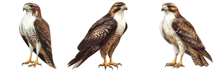 Fototapeta premium Hawks in profile, detailed illustration, brown and white feathers, talons visible, sharp gaze, white background Isolated on white background or PNG