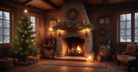 A crackling fire burns in the hearth of an old-fashioned cabin with a Christmas tree decorated on the mantle , warm, decorations, candles