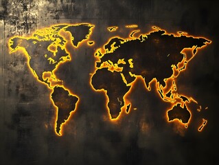 A glowing world map on a textured metallic background, with dramatic lighting.