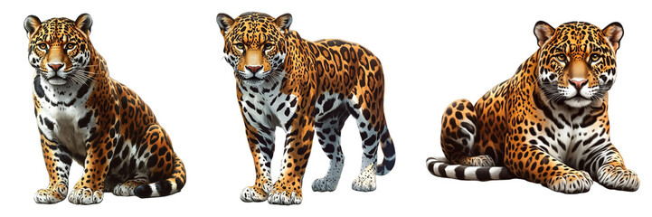 Leopards Trio Poised Elegant Sitting Regal Alert Watchful Majestic Strength Jungle Connection Observant Nature Display Isolated on white background or PNG