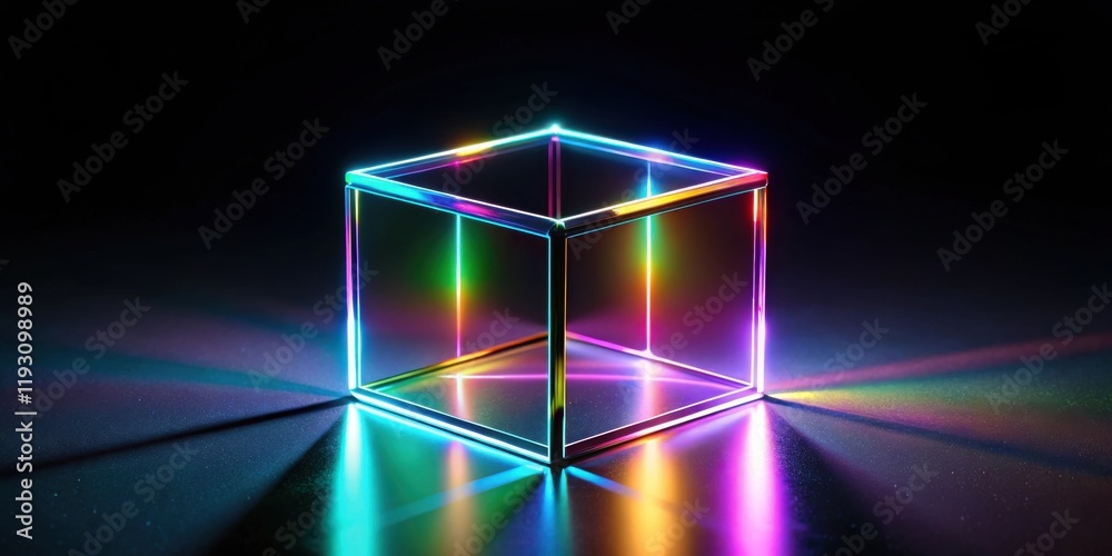 Poster Illuminated Cube A vibrant, multicolored, translucent cube with glowing edges casts rainbow reflections on a dark surface.