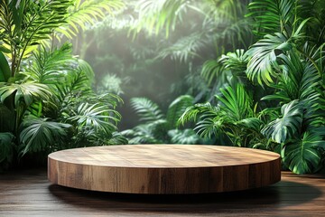 Beautiful Round Wooden Podium Surrounded by Lush Green Plants, Ideal for Presentations in a Serene Natural Setting