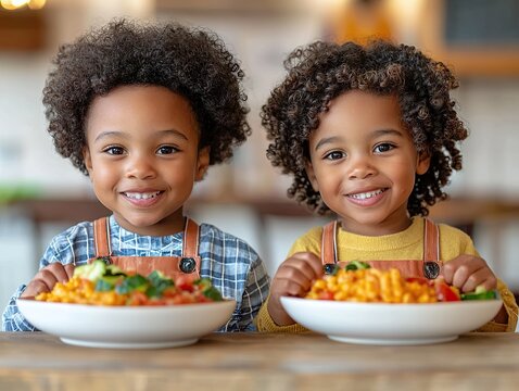 Delightful twin boys enjoying pasta dinner at home family dining cozy kitchen joyful atmosphere
