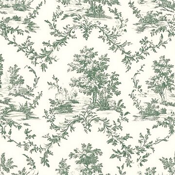 Antique Inspired Seamless Toile de Jouy Pattern for Fabric Design