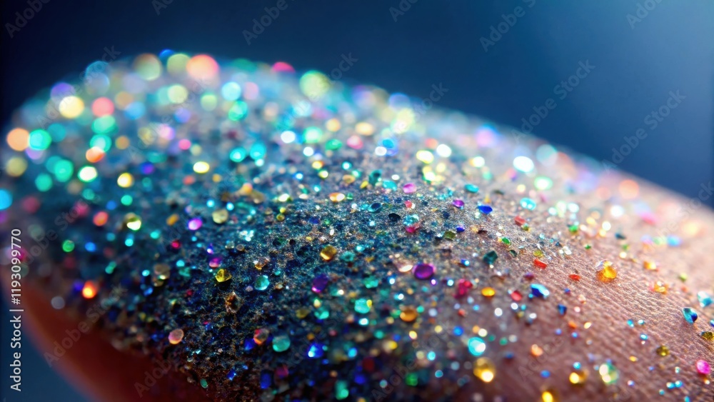 Poster close-up view of iridescent glitter particles on a textured surface, reflecting vibrant colors and l