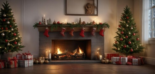 Obraz premium A lit fireplace with a small Christmas tree nestled among the stockings and ornaments hung from the hearth, cozy fireplace, tree on fireplace