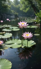 A lone lotus flower blooming in the middle of a small tranquil pond, serene pond, blossoming