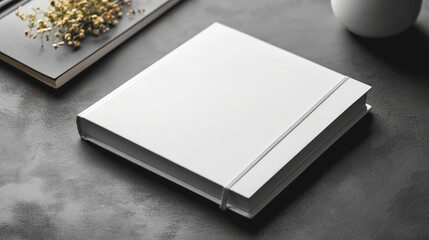 Fototapeta premium White notebook with elastic closure, textured cover, diagonally placed mockup. Empty organizer isolated on a shadowy background, perfect for design or branding purposes.