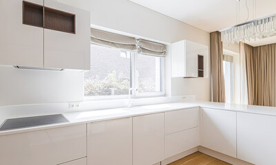 Modern luxury kitchen interior in minimal scandinavian style, 3d render