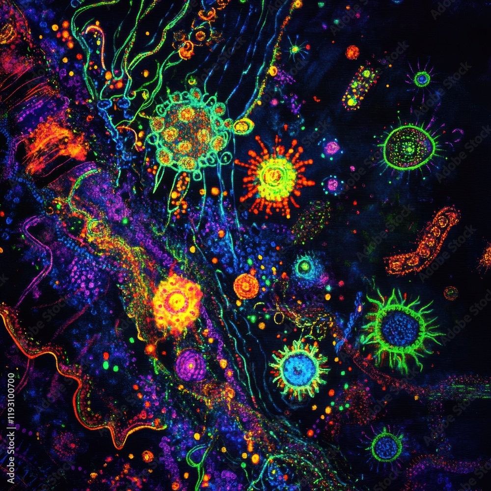 Poster magnified view of colorful viruses and bacteria in a vibrant scientific representation. generative a
