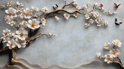 Elegant 3D Floral Wall Art with Birds and Butterflies