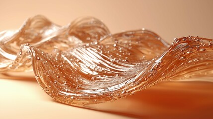 A wavy, translucent surface with bubbles catches the light, creating a visually appealing abstract design with soft warm tones.