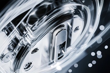 close-up of futuristic security lock with blockchain data flowing around it symbolizing data protection
