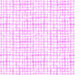Gingham seamless pattern. Watercolor strokes checkered plaid. Purple summer print. Table cloth Seamless background. Paint Lines, ink brush strokes. Square stripes