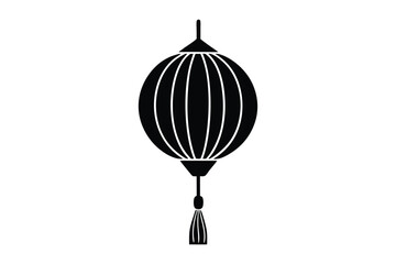 Silhouette illustration of a symmetrical small and cylindrical Chinese lanterns connected by a horizontal string.eps