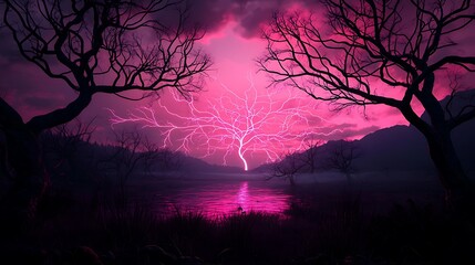 Fototapeta premium Majestic lightning tree illuminating a tranquil lake at dusk with eerie silhouettes of barren trees