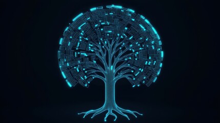 A futuristic tree design with glowing blue elements, symbolizing technology and nature's connection in a digital world.