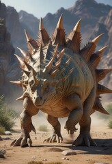 Fototapeta premium A massive Stegosaurus dinosaur with plates on its back and spikes on its tail, ancient giant, spiked tail